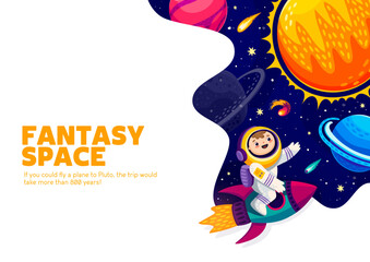 Poster - Cartoon space poster with solar system and astronaut on rocket. Galaxy travel vector poster or banner with happy smiling boy character in spacesuit flying on spaceship, sun, stars and planets