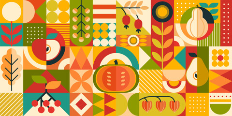 Poster - Bauhaus pattern with autumn and Thanksgiving harvest. Fall season, happy Thanksgiving or October wrapping paper vector texture. Textile background with Bauhaus autumn vegetables, fruits shapes