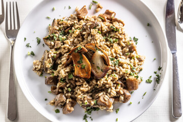 Wall Mural - Rice or barley risotto with mushrooms on a plate taken from a top view