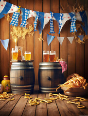 Wall Mural - Oktoberfest poster with beer barrel sausages wheat mug and party flags on wooden background. Generative Ai