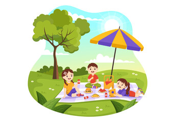 Picnic Outdoors Vector Illustration of Kids Sitting on a Green Grass in Nature on Summer Holiday Vacations in Cartoon Hand Drawn Templates