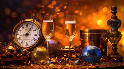 Wall Mural - happy new year background. holiday greeting card design with champagne bottle and festive decoration
