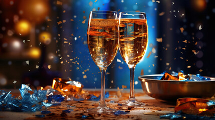 Wall Mural - happy new year background. holiday greeting card design with champagne bottle and festive decoration