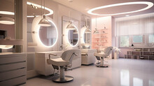 Modern Beauty Salon With Places For Makeup Artist And Hairdresser, Big Stylish Mirrors, Pink Interior. Generative Ai