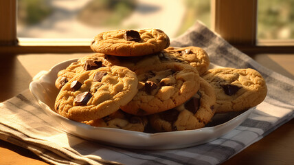 Wall Mural - Traditional cookies with pieces of chocolate in a plate on a close background, dessert