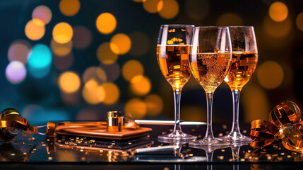 Wall Mural - happy new year background. holiday greeting card design with champagne bottle and festive decoration