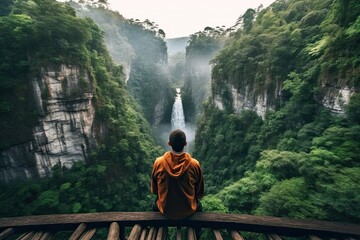 Hipster man sitting on the edge of a cliff and looking at the river