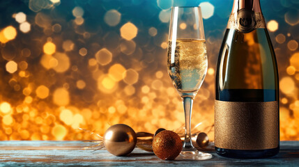 Wall Mural - a new year's eve scene with champagne glasses and christmas lights in the background. generative ai