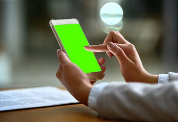 Aufkleber - Green screen, phone and woman hands for business communication, mobile app and mockup search at night. Online space, typing and professional person, social media, networking or internet chat mock up