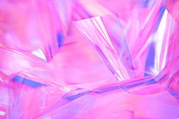 Poster - Close-up of ethereal pastel neon blue, purple, lavender, pink holographic metallic foil background. Abstract modern curved blurred surreal futuristic disco, rave, techno, festive dreamlike backdrop