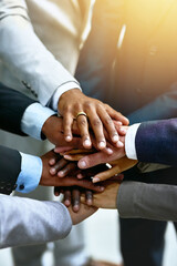 Aufkleber - Hands stacked, business and group of people for support, target or teamwork, collaboration goals and diversity. Circle, solidarity and corporate person or employees together sign, success and mission