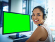 © Arnell/peopleimages.com - Happy woman, call center and green screen on computer for telemarketing or customer service at office. Portrait of female person, consultant or agent smiling on PC with chromakey or mockup display