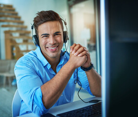 Aufkleber - Happy businessman, call center and portrait of consultant in customer service, support or telemarketing at office. Friendly man or consulting agent with smile and headphones by computer at workplace