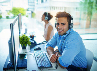 Aufkleber - Happy businessman, portrait and call center for customer service, support or telemarketing at office. Friendly man person, consultant or agent with smile on computer for online advice in contact us