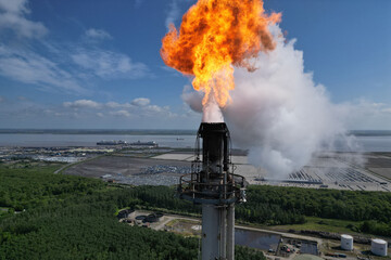 Industrial oil refinery flare stack, Immingham petroleum production plant