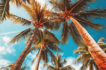 Wall Mural - Palm trees against blue sky, Palm trees at tropical coast, vintage toned and stylized, coconut tree,summer tree ,retro, Generative AI