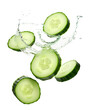 Falling cucumber slices isolated on transparent or white background, png