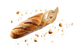 Baguette bread with falling crumbs isolated on transparent or white background, png