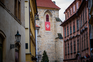 Vintage building facade wall. Windows. Classic architecture historic buildings of Prague.