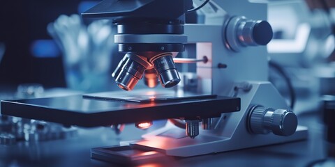 ai generated. ai generative. macro shot illustration photo of optical microscope. laboratory medicin