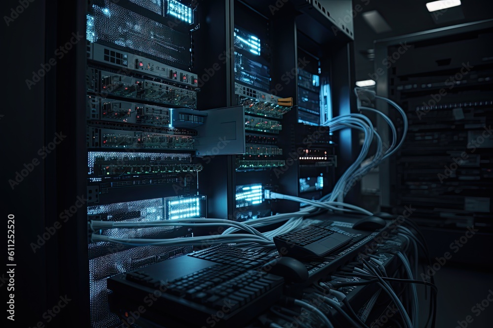 server with fiber optic cables and hardware in data center room ...