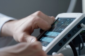 Ultrasound equipment in medical laboratory, closeup of hands, The doctor looks at patient pulse rate monitor closeup, AI Generated