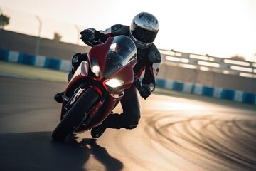 Sticker - Motorcycle rider on sport bike rides fast on race track at sunset. Extreme athlete Sport Motorcycles Racing, AI Generated