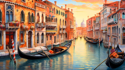 Canvas Print - Illustration of the beautiful city of Venice. City of gondoliers, bridges, carnivals and love. Italy