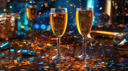 Wall Mural - happy new year background. holiday greeting card design with champagne bottle and festive decoration