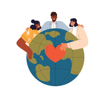 Volunteers Community, Unity With Love To Earth Planet. World Nonprofit Organization, International Donation, Solidarity And Care Concept. Flat Graphic Vector Illustration Isolated On White Background