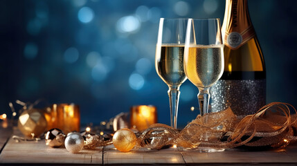 Wall Mural - a new year's eve scene with champagne glasses and christmas lights in the background. generative ai