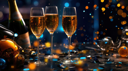 Wall Mural - a new year's eve scene with champagne glasses and christmas lights in the background. generative ai