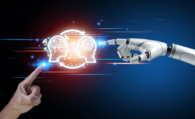 Poster - Robotic and human hand touching global virtual Icon represents the exchange of artificial intelligence brains with humans.Exchange of human thoughts Network technology connects.AI, Machine learning