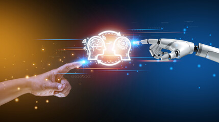 Poster - Robotic and human hand touching global virtual Icon represents the exchange of artificial intelligence brains with humans.Exchange of human thoughts Network technology connects.AI, Machine learning