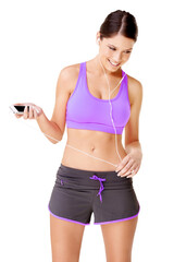 Sticker - Fitness, phone and woman listening to music for workout, health and wellness isolated in a transparent or png background. Exercise, earphones and young person or athlete doing sport or training