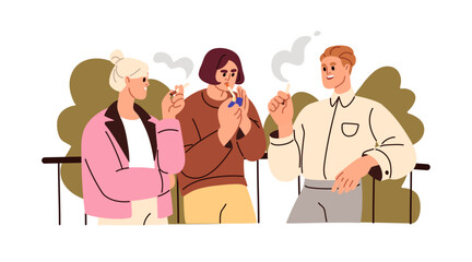 Wall Mural - People smoking cigarettes, talking. Colleagues, office workers smokers during smoke break. Men, women friends with bad habit, tobacco addiction. Flat vector illustration isolated on white background