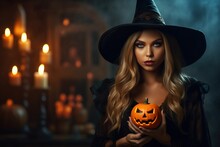 Portrait Of Beautiful Woman In Witch Halloween Made With Generative AI