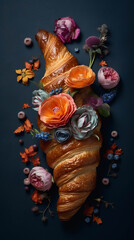 Breakfast with croissant and roses, seasonal summertime holiday background, blogger lifestyle created with generative ai tools