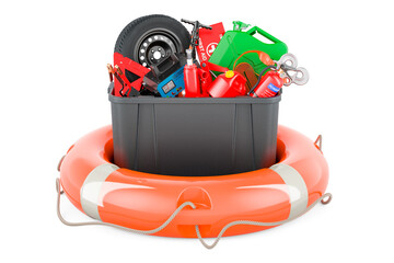 Poster - Plastic box full of car tools, equipment and accessories with lifebuoy, 3D rendering