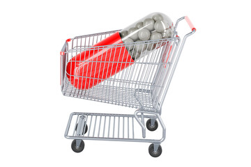 Poster - Medicament capsule inside shopping cart, 3D rendering