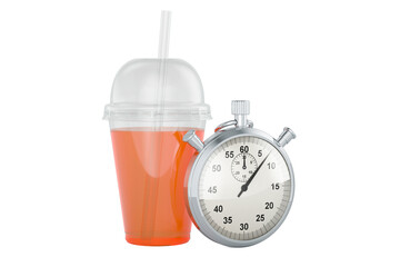 Poster - plastic transparent disposable cup with drink with stopwatch, 3d rendering