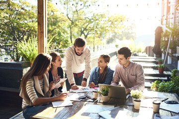 Poster - Business people, team and cafe with planning, documents or brainstorming for goal with smile. Men, women and discussion with paperwork, problem solving or strategy for startup teamwork in coffee shop