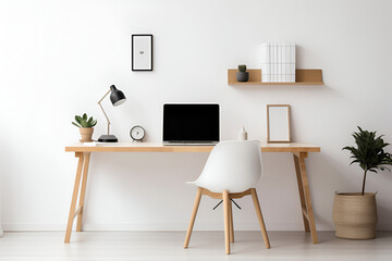Minimalist office with a minimalistic color scheme, showcasing a desk setup with a wireless charging pad and a single notebook. Generated AI