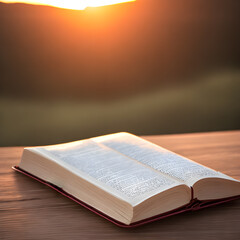 On sunset, open bible book on table.Generative ai.