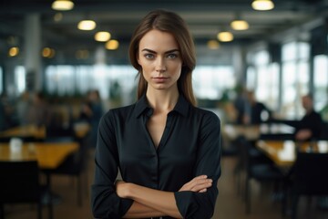 Wall Mural - Confident western woman in formal dress standing on table with arms folded Looking straight at the camera in a modern office environment ;Generated with AI