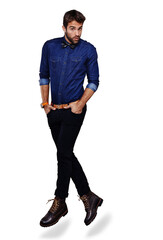 Poster - Fashion, portrait and handsome man jump with smart casual, trendy and denim style clothes. Young, cool and attractive male person posing with confidence isolated on a transparent, png background