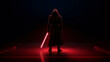 Back view man with the red light saber. Generative Ai