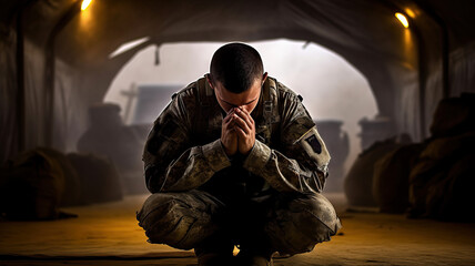 Conceptual image of soldier praying in dark military hangar. Generative AI.