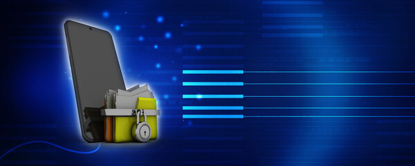 Poster - Yellow folder and lock with mobile. Data security concept. 3D rendering