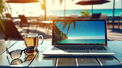 Wall Mural - laptop on wooden table on the beach tropical sea vacation resort internet connection pc online job ,generated ai